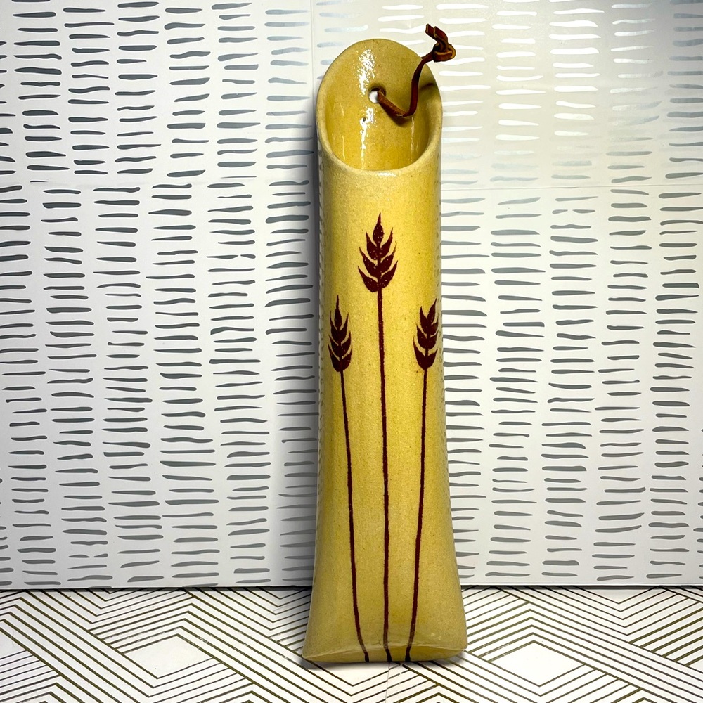 Vintage Ceramic Tall Flower Vase Match Stick Holder 13” Cream & Brown Wheat